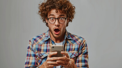 man looks shocked while holding a smartphone on gray background