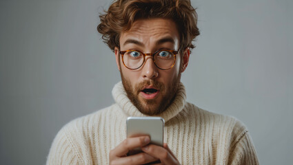 man looks shocked while holding a smartphone on gray background
