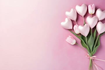 White heart-shaped balloons tied with a ribbon and soft pink tulips against pastel pink backdrop
