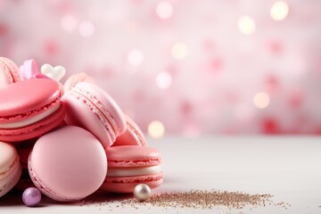 Pink macaroons on a white wooden table with bokeh background