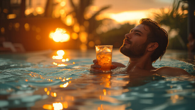 A man drinking a cocktail in the outdoor swimming pool