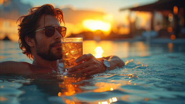 A man drinking a cocktail in the outdoor swimming pool