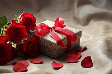 Romantic Red Roses and Gift Box Tied With Ribbon