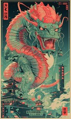 Classic Anime movie poster, Master Amphibian Dragon, Japancore, Roninpunk, neo-Japanimation, circa 1980's aesthetic, Synth-Anicore, Iconic image
