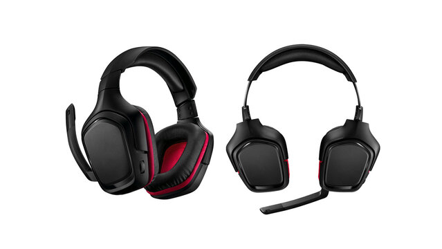 Black and red gaming headsets isolated on white background.