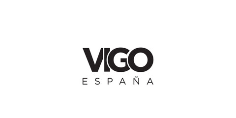 Vigo in the Spain emblem. The design features a geometric style, vector illustration with bold typography in a modern font. The graphic slogan lettering.