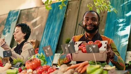 Gardinen Farbenfroh African american farmer presenting box of tomatoes on camera, showing natural locally grown produce to consumers. Male business owner holding colorful bio products. Handheld shot.  © DC Studio