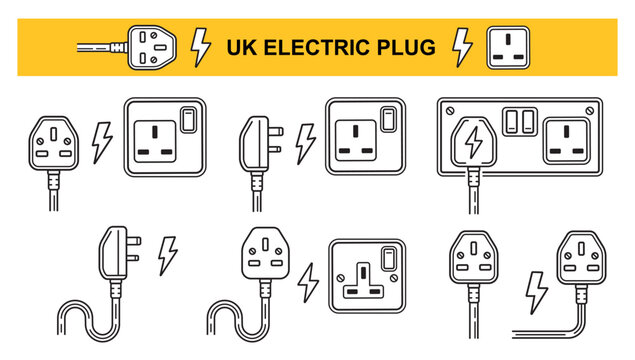 UK electric plug socket, British electrical power outlet line icon set. English three pin ac cable connector. Electricity energy supply. Electro equipment wire connection. Wall current switch. Vector