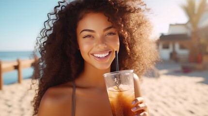 Beach woman drinking cold drink beverage having fun at beach party. Female babe in bikini enjoying Ice tea, coke or alcoholic drink smiling happy laughing looking at camera. Beautiful mixed race girl  - obrazy, fototapety, plakaty