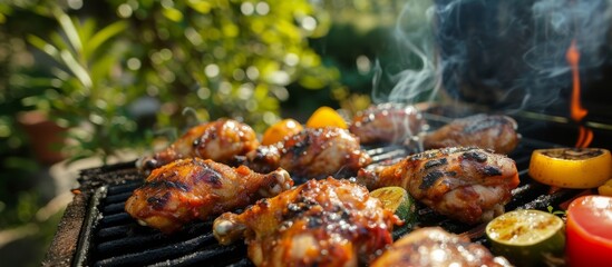 Delicious BBQ Chicken Cooking in Vibrant Garden Setting: A Perfect Blend of Chicken, Cooking, and BBQ in a Scenic Garden Ambiance