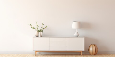 Contemporary light apartment with white dresser and hallway in living room. - obrazy, fototapety, plakaty