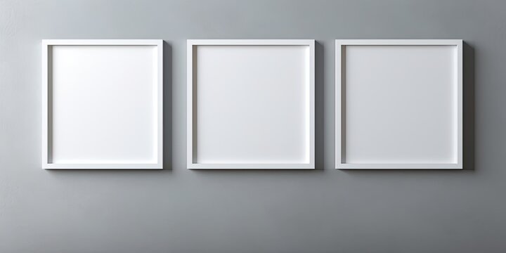 Empty square picture frame template on gray wall for interior design.