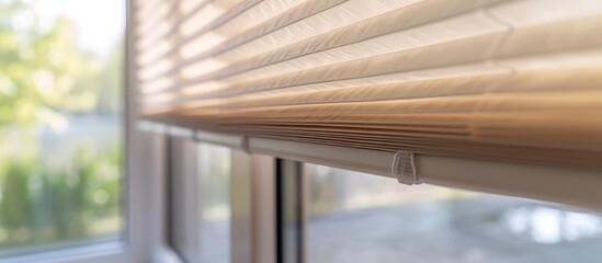 Large beige pleated blinds with a 50mm fold, close-up view in interior window openings. Modern privacy shades for apartment windows.