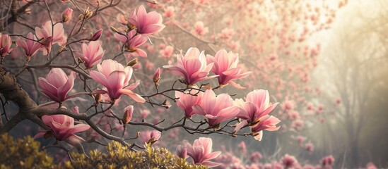 Pink Magnolias Blossoming in a Serene Park: A Delicate Vision of Pink Magnolias Embracing the...