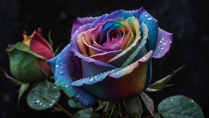 Beautiful iridescent soft rainbow rose, hearts, dark background, moody, atmospheric, impossible rose, colour of pride rose, LGBT+, rainbow colours, Valentine’s Day, valentine, wedding, love, romance