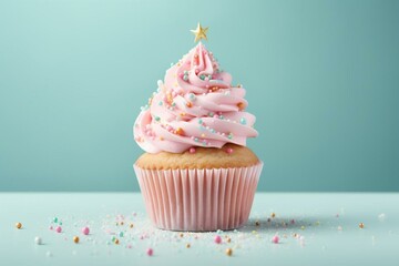 Levitating cupcake with cream and sprinkles in pastel colors. Generative AI