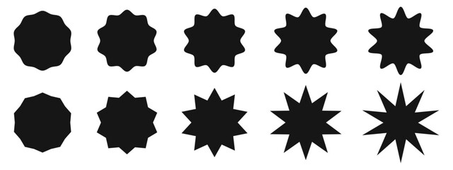 Sun, sunburst, sunlight, sunshine icons. Circular badges, stamps, labels, price or promocode tags with zigzag and wavy edges. Collection of black discount or sale stickers isolated on white background