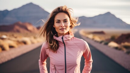 young attractive sport woman in running pink jacket posing with attitude defiant and cool in asphalt road in front of mountain desert landscape in body fitness and healthy lifestyle concept - obrazy, fototapety, plakaty