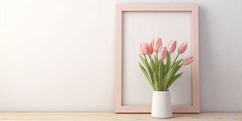Interior of a home with decor including a white frame, pink tulips in a vase, on a light background.