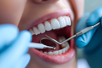 A close-up photo depicting a dentist examining a patient's teeth using a dental mirror.