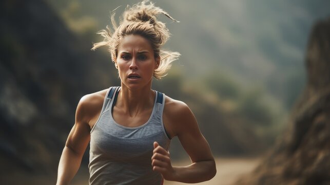 young exhausted sport woman running outdoors on dirty road in mountain landscape stop for breathing after huge effort in fitness workout training and overtraining concept