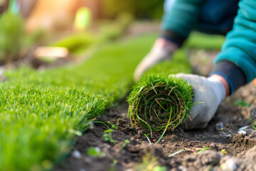 A gardener carefully installing lush green lawn grass in the garden, emphasizing the concept of gardening. Selective focus adds to the visual depth.