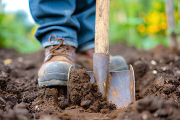 A man's boot on a spade, ready for digging as he works in the garden, preparing the soil with a shovel.
