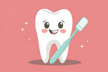 A cheerful illustration of a happy white tooth being cleaned with a brush,emphasizing the concept of morning teeth brushing and oral hygiene for children.This dental health character serves as a carto