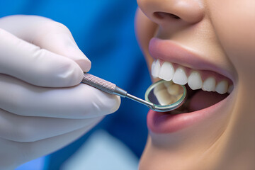 A close-up photo depicting a dentist examining a patient's teeth using a dental mirror.