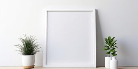 Empty white picture frame on wall, interior design mockup.