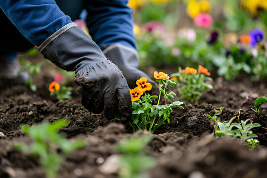 A close-up photo capturing a gardener planting flowers in the garden.
