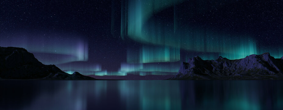 Blue Aurora Borealis over Rocky Mountains. Magical Northern Lights Background with copy-space.