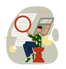 Accountant man concept. Young guy with magnifying glass near long bill. Financial literacy and passive income. Trader and investor. Cartoon flat vector illustration isolated on white background