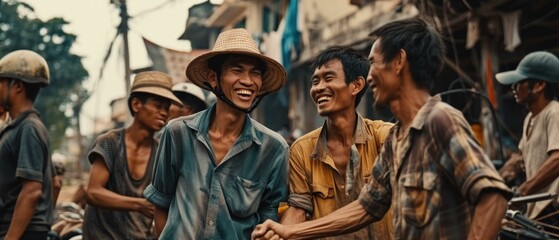A group of men are smiling and laughing together. Generative AI. - obrazy, fototapety, plakaty