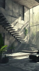Modern interior with stairs and plants. Generative AI.