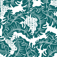 Obraz premium Banana plant leaves pattern for textile design, fabric print, wallpaper, digital paper. Palm tree leaf background, jungle vintage style, hand drawn illustration for spa salon, cafe, hotel decoration.