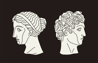 Ancient sculpture linear concept. Old style creativity and art. Marble bust from Greece or Rome. Heads of man and woman. Outline flat vector illustration isolated on brown background