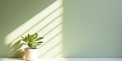 Well-lit bedroom interior with a succulent in a plant pot, casting shadows on a green wall. Graphic minimalist home background with sunlight shining through the window.