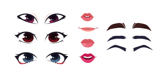 Asian girl constructor eyes set. Lips and eyes, brows. Character creation process. Stickers for social networks and messengers. Cartoon flat vector collection isolated on white background