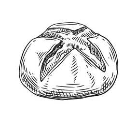 Bakery product sketch. Homemade pastry. Loaf and bun. Sticker for social networks. Assortment for bakery and street cafe. Doodle flat vector illustration isolated on white background