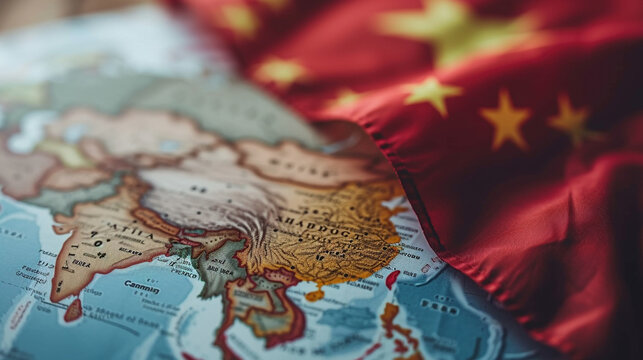 close up of a the world map  with china flag