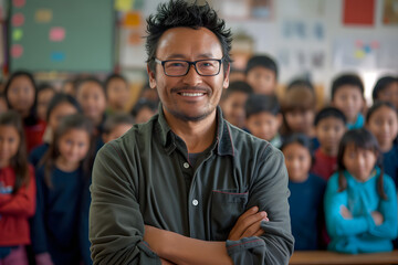 male teacher with arms folded and smiling in his classroom