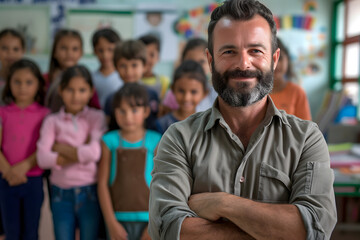 Fototapeta premium male teacher with arms folded and smiling in his classroom