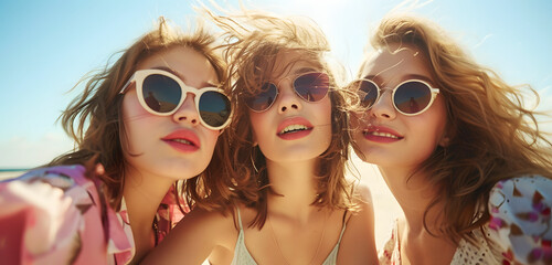 women on the beach in shorts and sunglasses