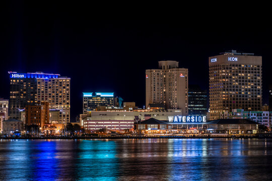 Norfolk Virginia - January 31 2024: Downtown Norfolk At Night Seen from Across the Elizabeth River