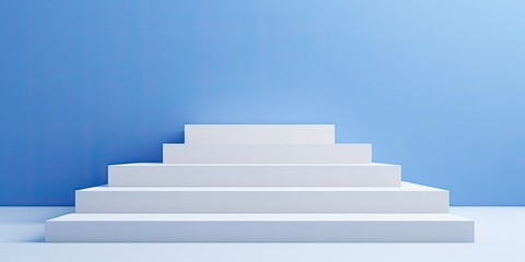 Minimal geometric design display podium with blue wall and white stairs for cosmetic presentation and mock-up purposes.