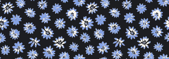 Cute dark seamless pattern with hand drawn blue and white textured daisy flowers. Sketch vector floral texture with abstract blossoms for textile design, spring banner, wallpaper