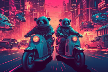 synthwave panda person riding a scooter