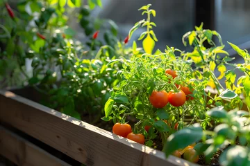 Fotobehang tomato and pepper plants growing in a wooden box at home © Lin_Studio