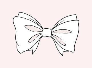 Linear white bow concept. Decoration for gift boxes and clothes. Template and layout. Symbol of holidays and festivals. Outline flat vector illustration isolated on pink background